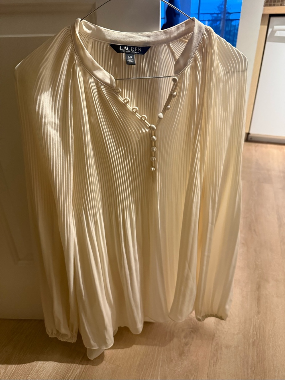 Ralph Lauren Cream Pleated Silk-Feel Button Front Blouse